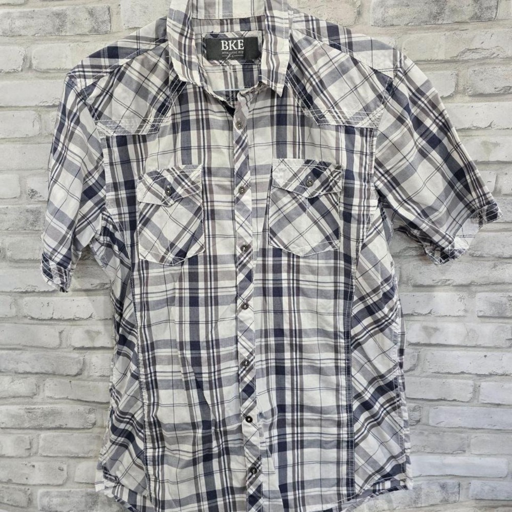 BKE Athletic Fit Men's 100% Cotton Blue‎ Gray White Plaid Short Sleeve Shirt L